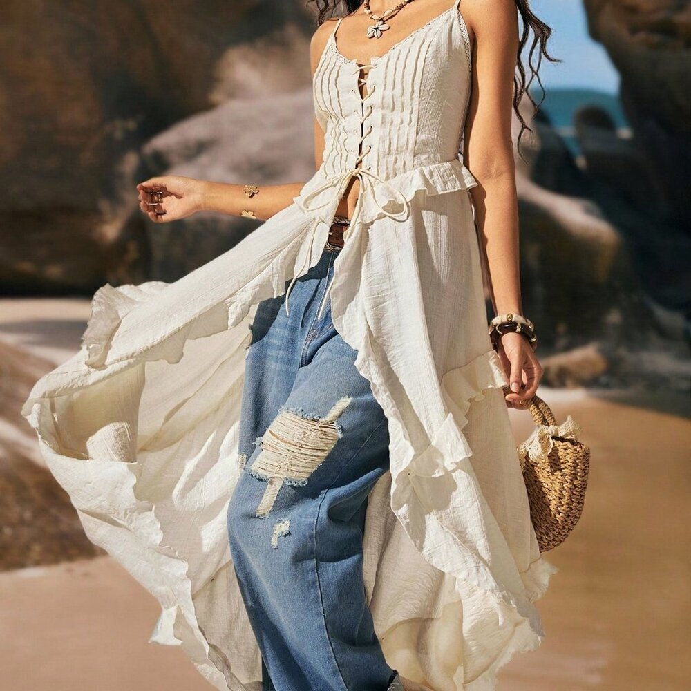 Boho Women's Bohemian Style Vacation V-Neck Semi-Sheer Cami long top
